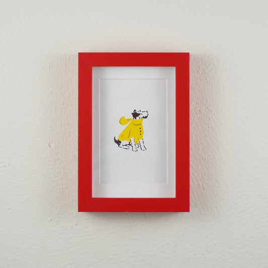 Dog in a Yellow Raincoat — Framed Art Print